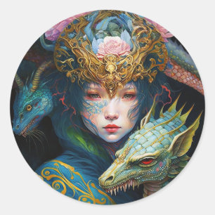 Fantasy Art Dragon Goddess Queen Classic Round Sti Runder Aufkleber
