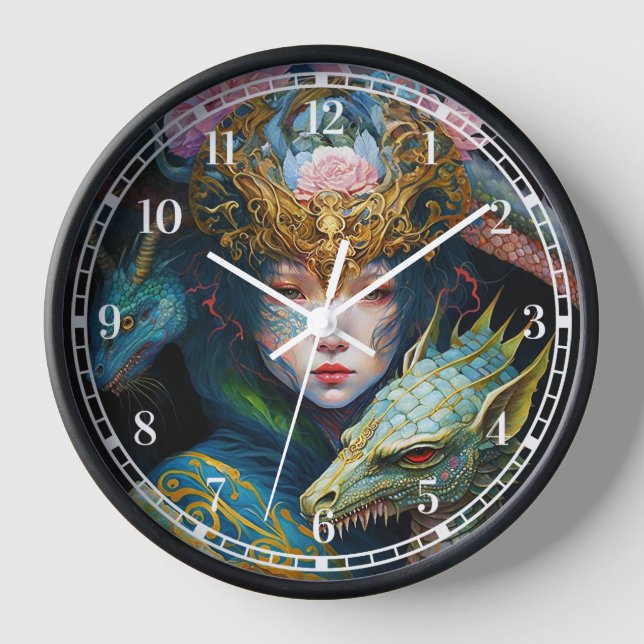 Fantasy Art Dragon Goddess Queen Clock Uhr (Vorderseite)