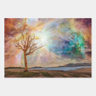Fantasy Art Nordic Lights Landschaft mit Bäumen Geschenkpapier Set