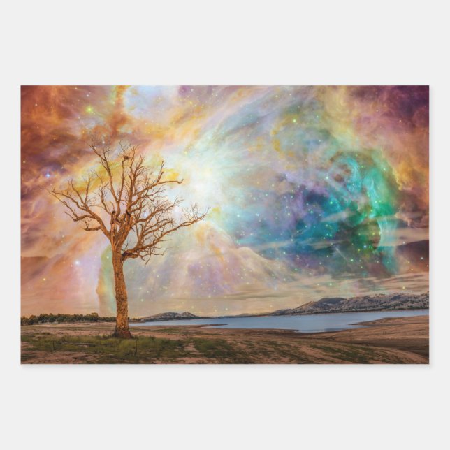Fantasy Art Nordic Lights Landschaft mit Bäumen Geschenkpapier Set (Vorderseite)