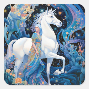 Fantasy Art von Lady and White Horse Quadratischer Aufkleber
