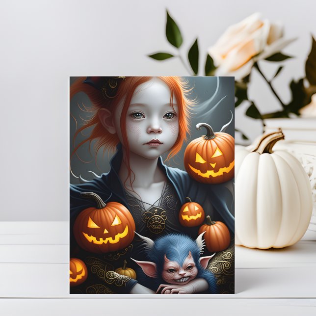 Fantasy Art Young Demon and Pet Halloween Postcard Postkarte (👹🎃 Demonic Charm: Halloween Fantasy Art Postcard! 🌙)
