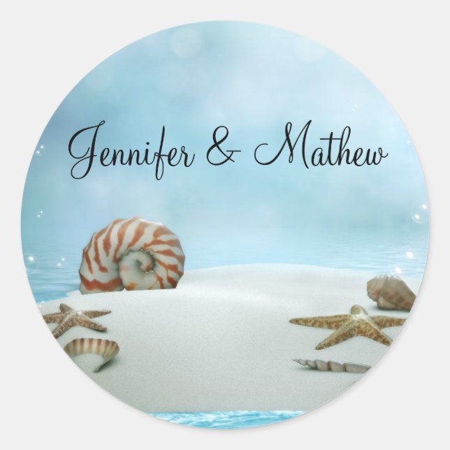 Fantasy Beach Hochzeitsticker Runder Aufkleber (Vorderseite)