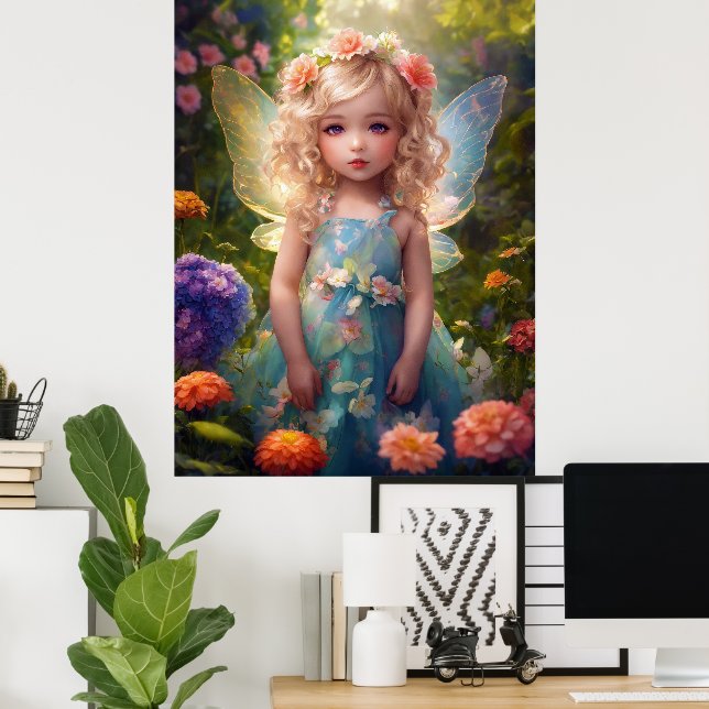 Fantasy Beautiful Blue Fairy Girl Poster (Heimbüro)