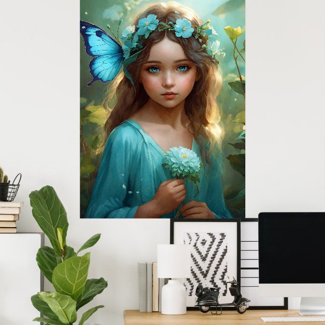 Fantasy Beautiful Cyan Green Fairy Girl Poster (Heimbüro)