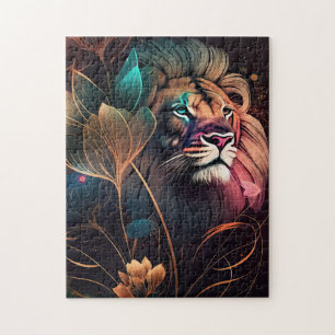 Fantasy, beautiful lion with flowers AI art Puzzle