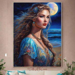 Fantasy Beautiful Maiden Princess Fullmoon Beach Leinwanddruck