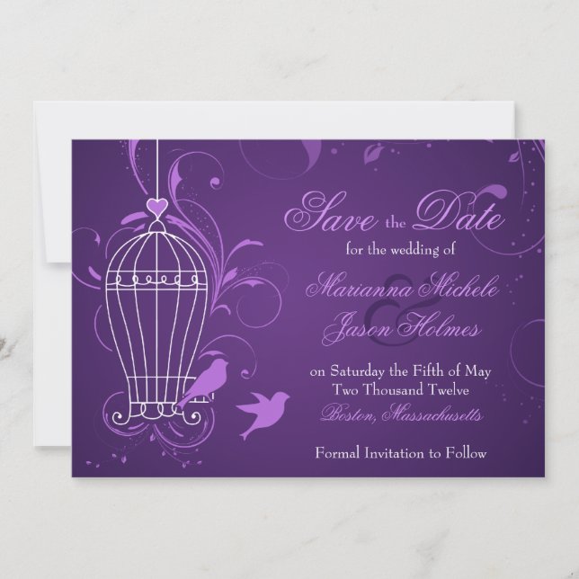 Fantasy Birdcage & Wirbel Eggplant Save the Date (Vorderseite)
