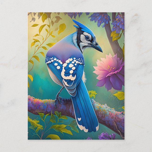 Fantasy Birds Blue Jay Postkarte (Vorderseite)