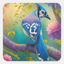 Fantasy Birds Blue Jay Quadratischer Aufkleber