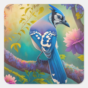 Fantasy Birds Blue Jay Quadratischer Aufkleber