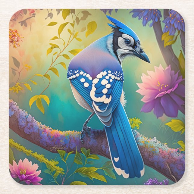 Fantasy Birds Blue Jay Rechteckiger Pappuntersetzer (Vorderseite)