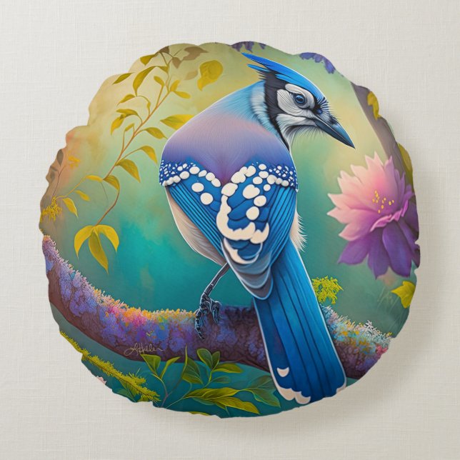 Fantasy Birds Blue Jay Rundes Kissen (Vorderseite)