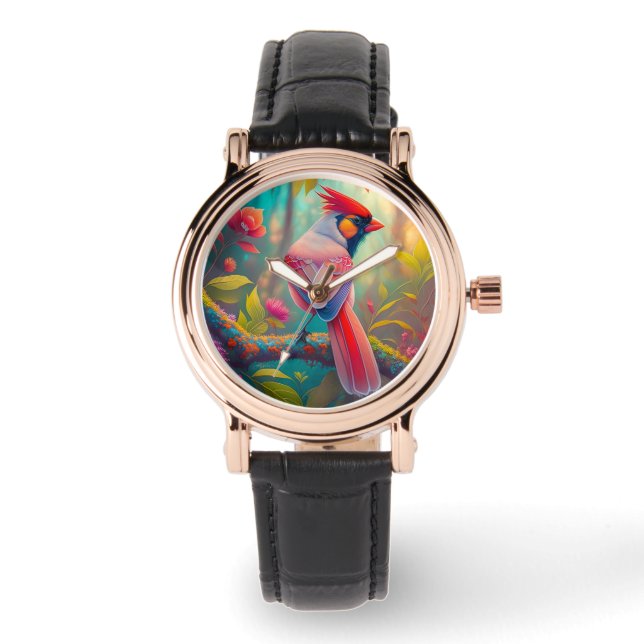 Fantasy Birds Männlicher Kardinal Armbanduhr (Vorderseite)