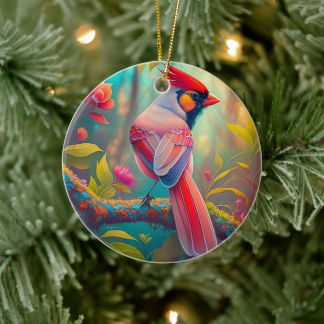 Fantasy Birds Männlicher Kardinal Keramik Ornament (Baum)