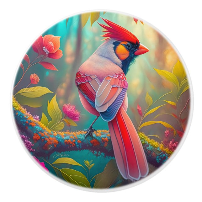 Fantasy Birds Männlicher Kardinal Keramikknauf (Vorderseite)