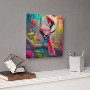 Fantasy Birds Männlicher Kardinal Quadratische Wanduhr