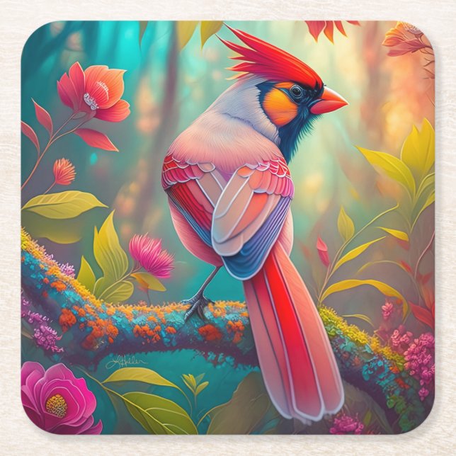 Fantasy Birds Männlicher Kardinal Rechteckiger Pappuntersetzer (Vorderseite)