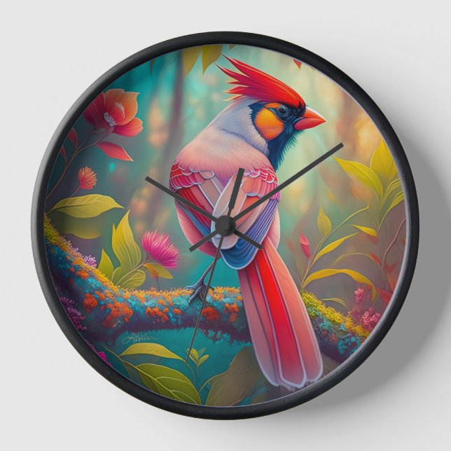 Fantasy Birds Männlicher Kardinal Uhr (Vorderseite)