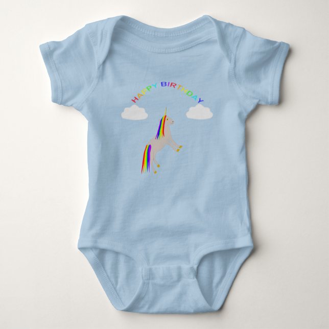 Fantasy Birthday Unicorn Regenbogen und Wolken Baby Strampler (Vorderseite)