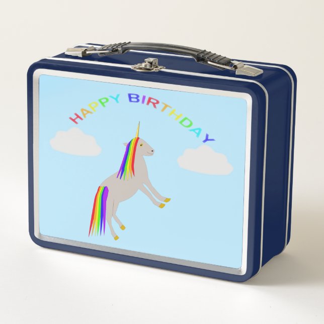 Fantasy Birthday Unicorn Regenbogen und Wolken Metall Brotdose (Vorderseite)