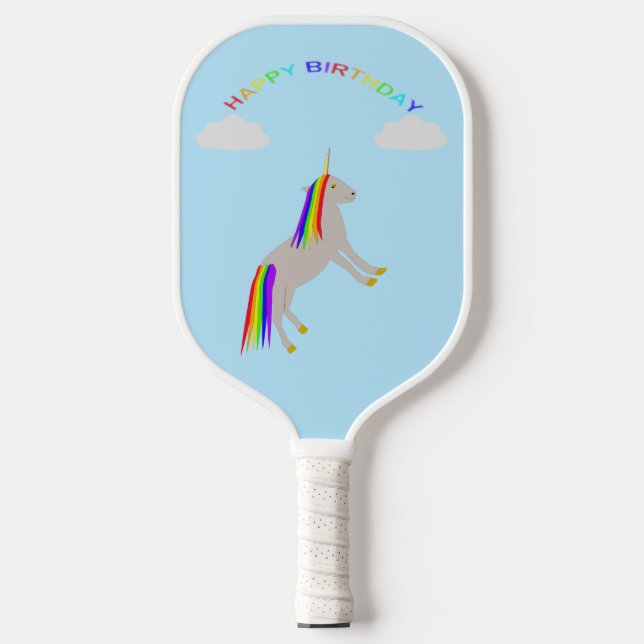 Fantasy Birthday Unicorn Regenbogen und Wolken Pickleball Schläger (Vorderseite)
