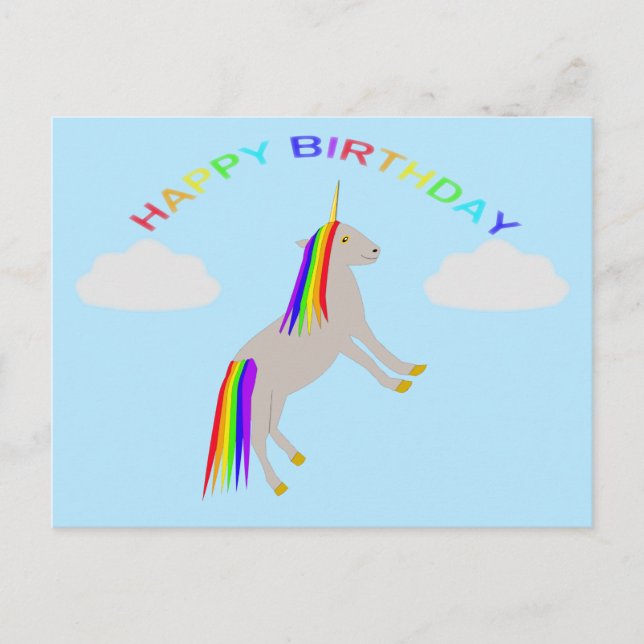 Fantasy Birthday Unicorn Regenbogen und Wolken Postkarte (Vorderseite)
