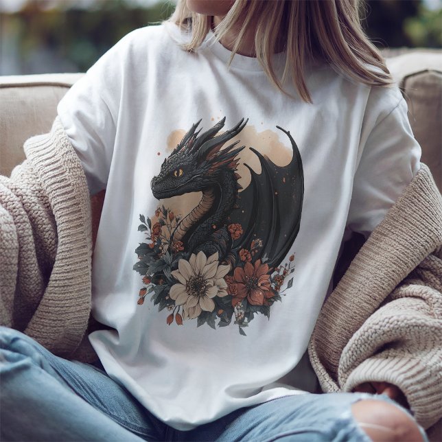 Fantasy Black Dragon & Floral Art T - Shirt (Von Creator hochgeladen)