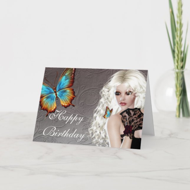 Fantasy Blonde mit Butterfly Geburtstagskarte Karte (Vorderseite)