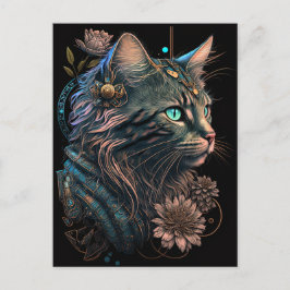 Fantasy blue eye cat mit Blume AI art Postkarte