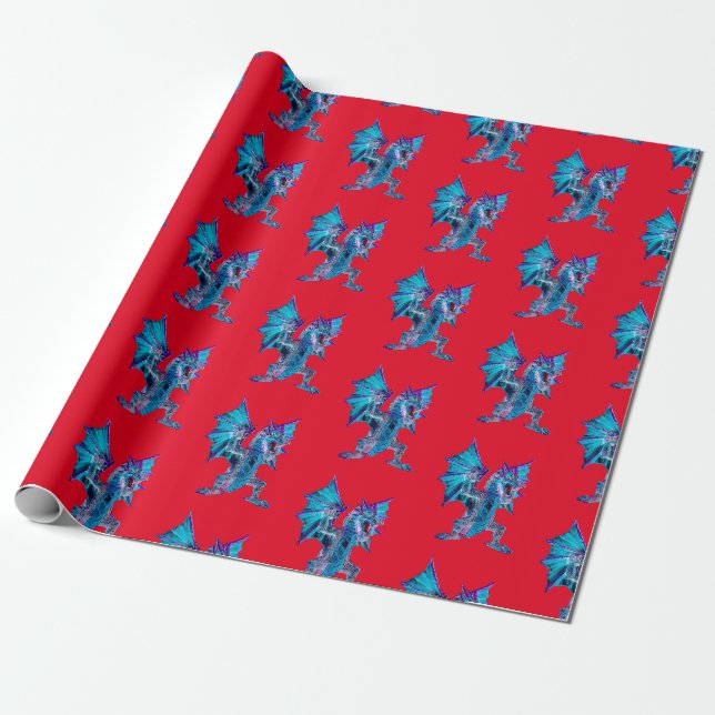 Fantasy Blue Fire Dragon Wrapping Paper Red Geschenkpapier (Ungerollt)