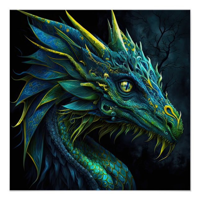 Fantasy Blue Green Dragon mit gelben Augen KI Kuns Poster (Vorderseite)