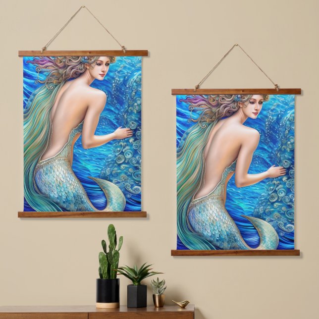 Fantasy Blue Mermaid Ocean Waves Art Wandteppich Mit Holzrahmen (Asymmetrisch)