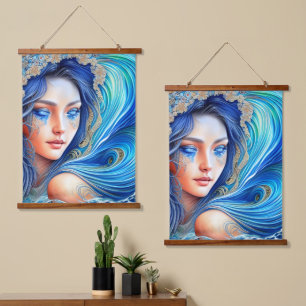 Fantasy Blue Ocean Wave Goddess Abstrakte Kunst Wandteppich Mit Holzrahmen
