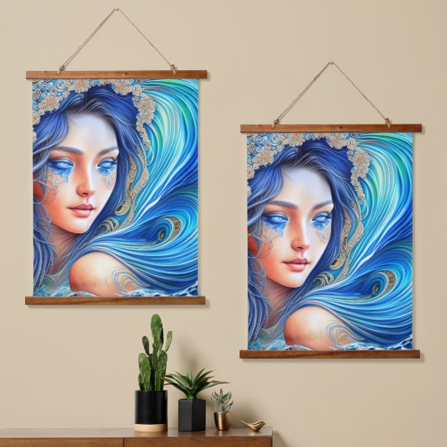 Fantasy Blue Ocean Wave Goddess Abstrakte Kunst Wandteppich Mit Holzrahmen (Asymmetrisch)