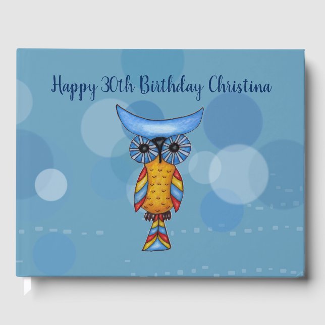 Fantasy Blue Yellow Owl Big Eyes Circles Drums Gästebuch (Vorderseite)