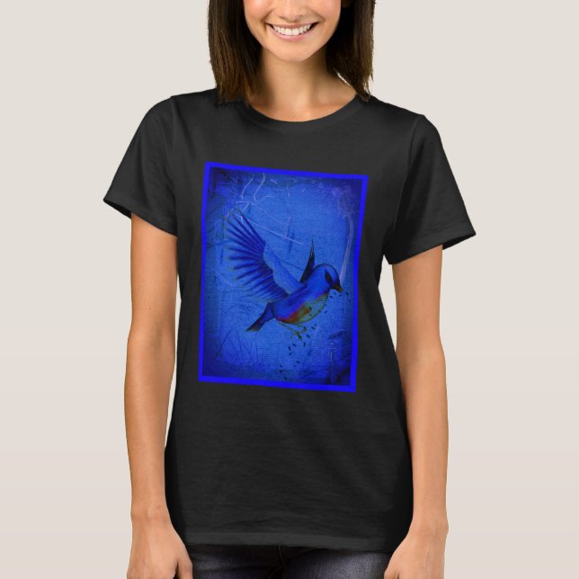 Fantasy Bluebird über Blaue Natur Kunst T-Shirt (Vorderseite)