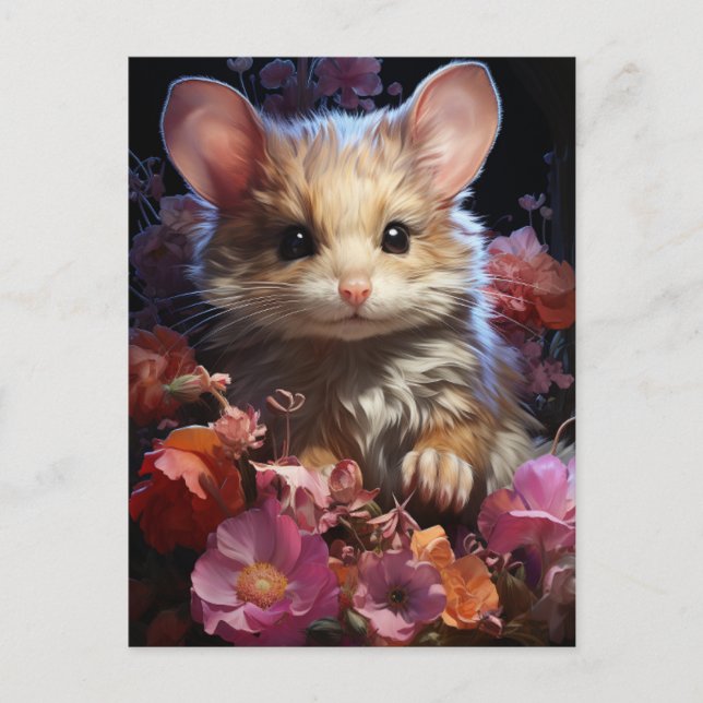 Fantasy Brown Fluffy Maus in den Blume Postkarte (Vorderseite)