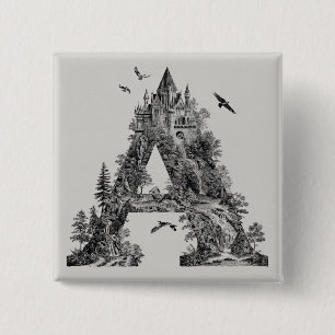Fantasy-Buchstabe A mit Schlössern im Himmel-Märch Button