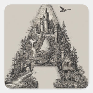 Fantasy-Buchstabe A mit Schlössern im Himmel-Märch Quadratischer Aufkleber