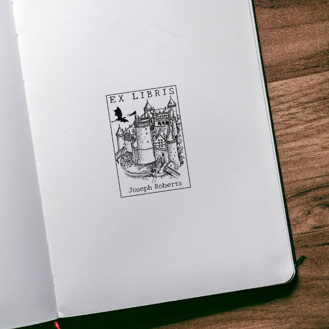 Fantasy Castle Dragon, Vintages Ex Libris Buch Gummistempel (Von Creator hochgeladen)