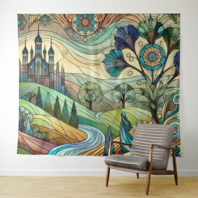 Fantasy Castle mit farbenfrohen Hügeln und Fluss Wandteppich (Beispiel (Horizontal))