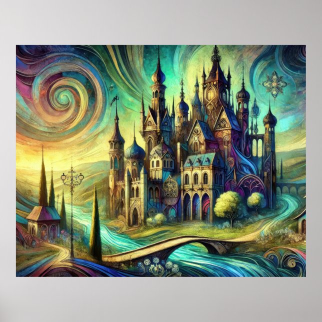 Fantasy Castle mit Swirling Sky und Flows River Poster (Vorne)
