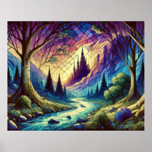 Fantasy Castle mit verzaubertem Wald und Fluss Poster