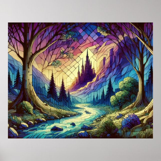 Fantasy Castle mit verzaubertem Wald und Fluss Poster (Vorne)
