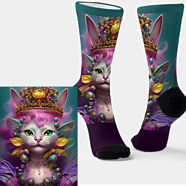 Fantasy Cat Princess Queen mit Gold Crown auf Aqua Socken (Von Creator hochgeladen)