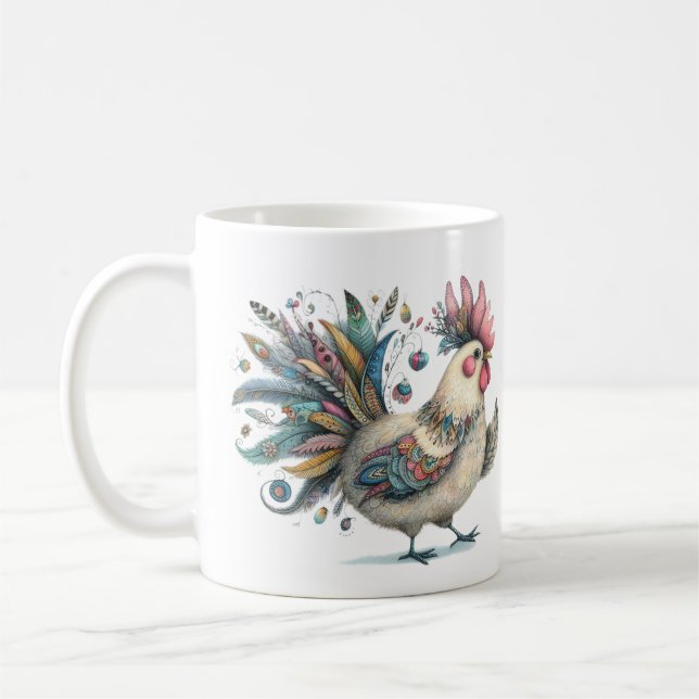 Fantasy Chicken or Rooster Folk Art Illustration Kaffeetasse (Links)