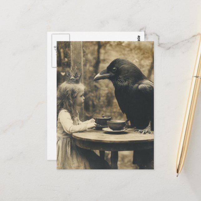 Fantasy Child and Raven Tee Party in Sepia Postkarte (Vorderseite/Rückseite Beispiel)