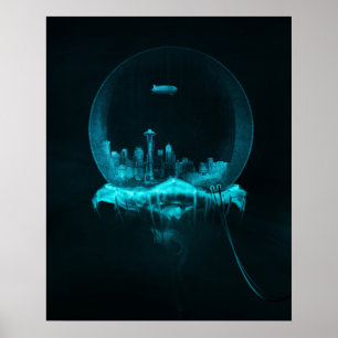 Fantasy City in einer Snowglobe mit Blimp Poster