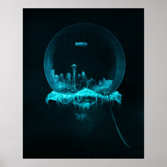 Fantasy City in einer Snowglobe mit Blimp Poster (Vorne)
